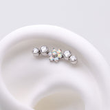 Detail View 1 of Implant Grade Titanium OneFit Threadless Radiant Fire Opal Flower Journey Curve Top Part-White Opal/Clear Gem