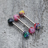 Detail View 1 of Marble Swirl Acrylic Top Barbell Tongue Ring-Yellow/Blue