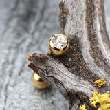 Detail View 1 of Gold Plated Basic Gem Ball Barbell Tongue Ring-Clear Gem