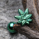 Detail View 1 of Colorline PVD Pot Leaf Top Steel Barbell Tongue Ring-Green