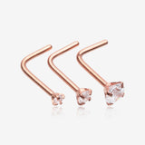 3 Pcs of Assorted Rose Gold Prong Set Sparkle Gem L-Shaped Nose Ring Package