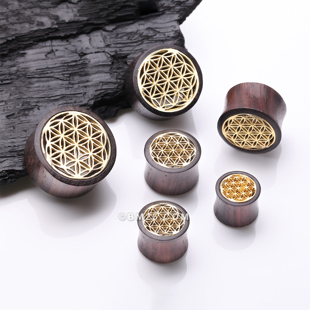 Detail View 2 of A Pair of Flower of Life Bali Brass Rosewood Double Flared Tunnel Plug