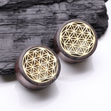 Detail View 1 of A Pair of Flower of Life Bali Brass Rosewood Double Flared Tunnel Plug
