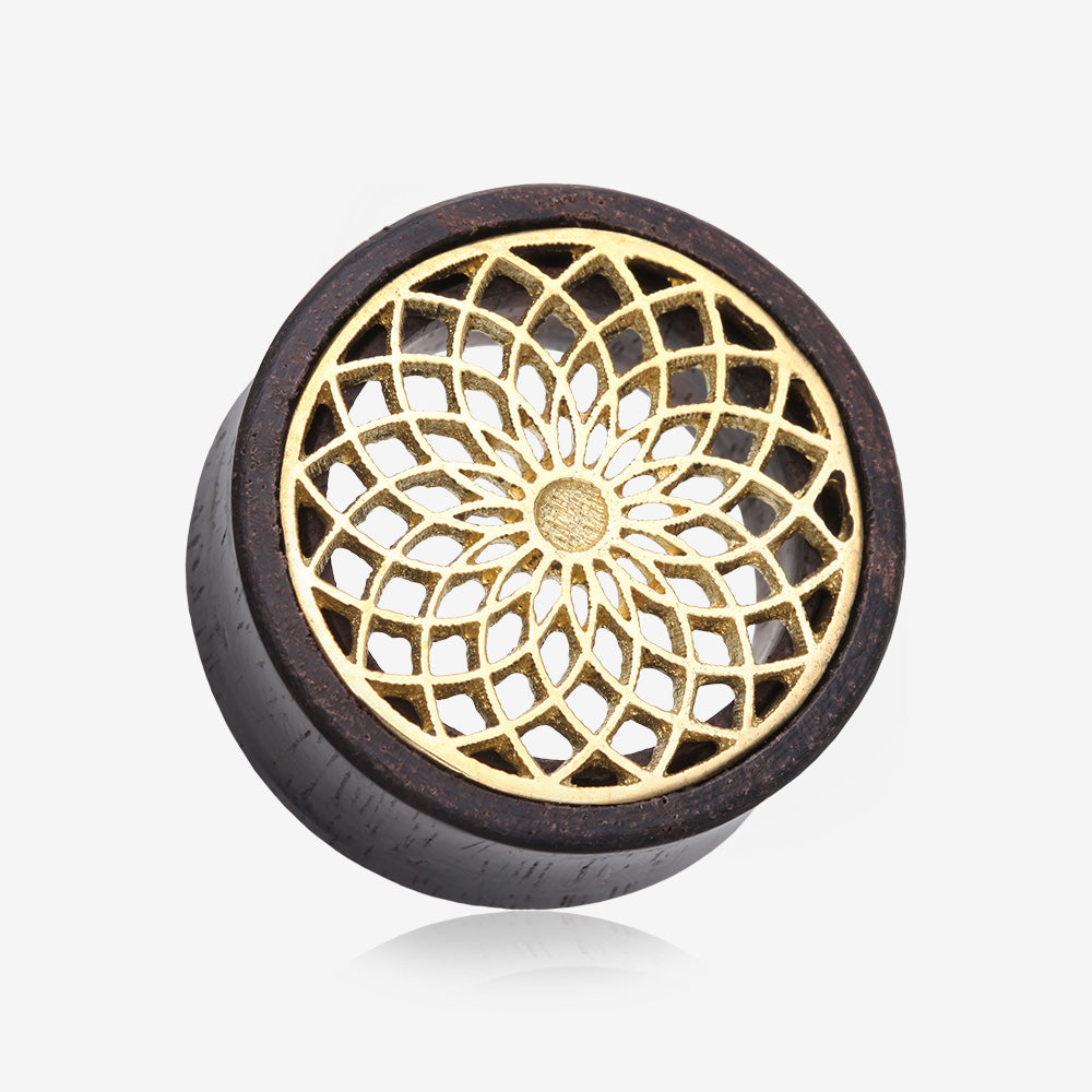 A Pair of Lotus Zen Bali Brass Rosewood Double Flared Tunnel Plug