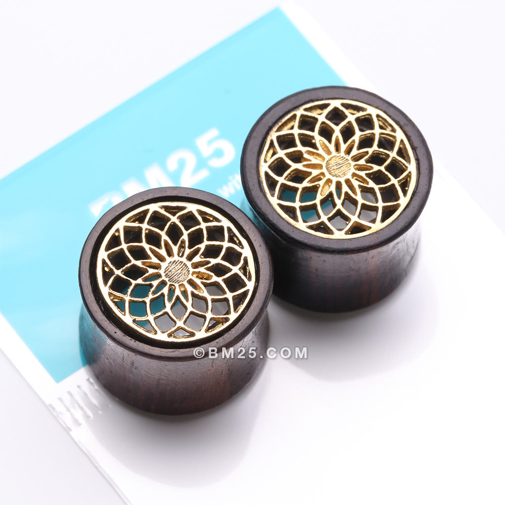 Detail View 3 of A Pair of Lotus Zen Bali Brass Rosewood Double Flared Tunnel Plug