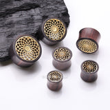 Detail View 2 of A Pair of Lotus Zen Bali Brass Rosewood Double Flared Tunnel Plug