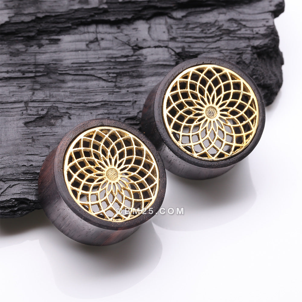 Detail View 1 of A Pair of Lotus Zen Bali Brass Rosewood Double Flared Tunnel Plug