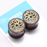 Detail View 3 of A Pair of Vine Swirl Filigree Bali Brass Rosewood Double Flared Tunnel Plug