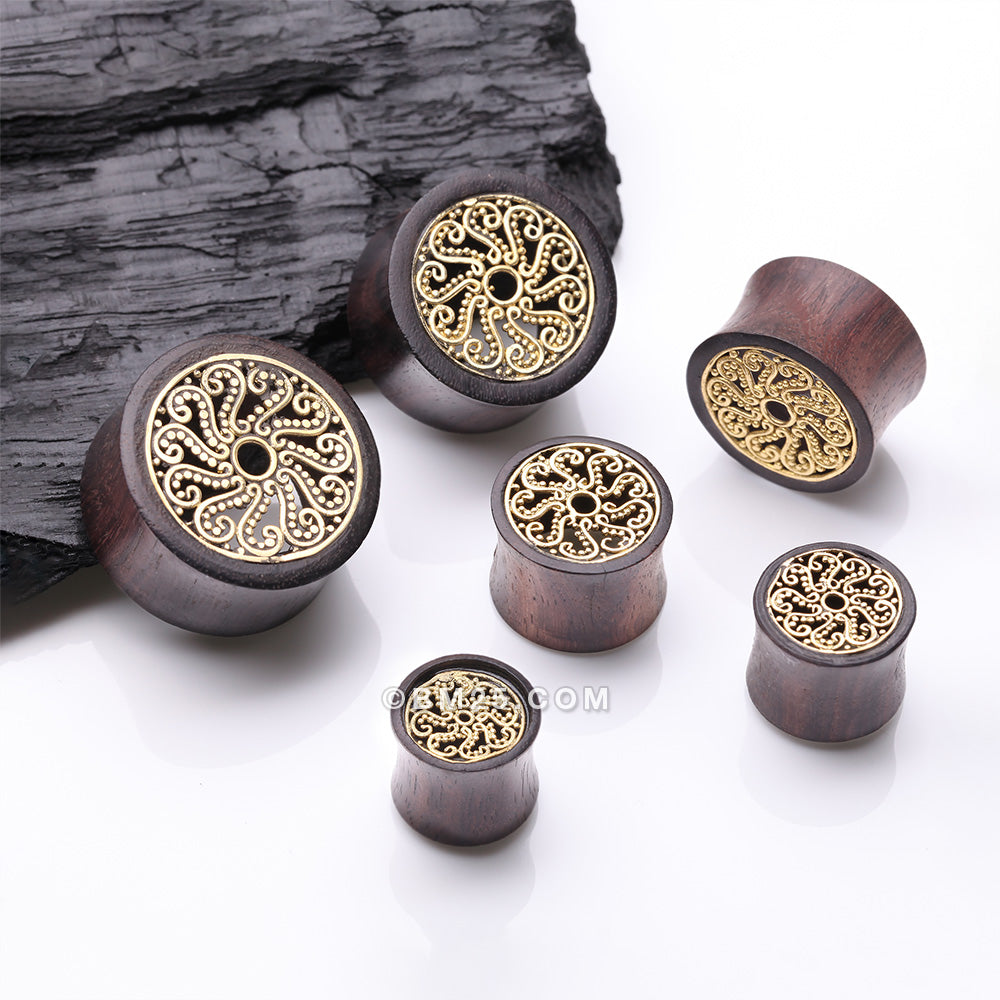 Detail View 2 of A Pair of Vine Swirl Filigree Bali Brass Rosewood Double Flared Tunnel Plug