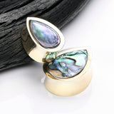 Detail View 3 of A Pair of Golden Brass Bali Abalone Inlay Teardrop Double Flared Plug