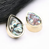 Detail View 1 of A Pair of Golden Brass Bali Abalone Inlay Teardrop Double Flared Plug