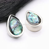 Detail View 1 of A Pair of White Brass Bali Abalone Inlay Teardrop Double Flared Plug