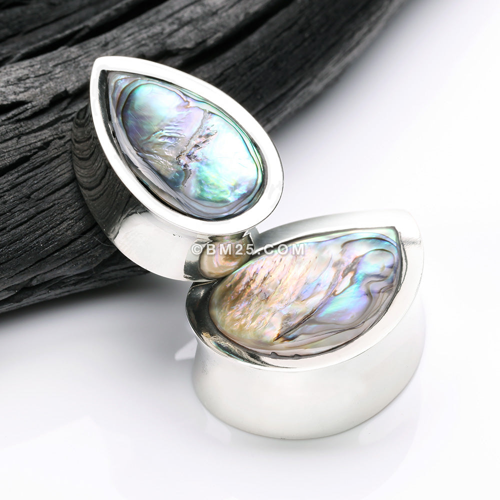 Detail View 3 of A Pair of White Brass Bali Abalone Inlay Teardrop Double Flared Plug