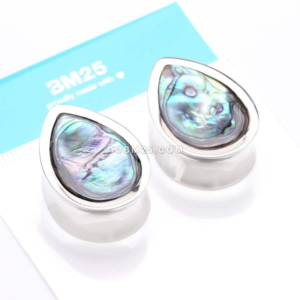 Detail View 4 of A Pair of White Brass Bali Abalone Inlay Teardrop Double Flared Plug