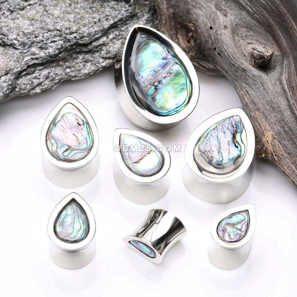 Detail View 2 of A Pair of White Brass Bali Abalone Inlay Teardrop Double Flared Plug