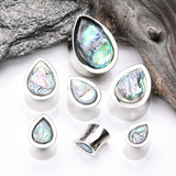 Detail View 2 of A Pair of White Brass Bali Abalone Inlay Teardrop Double Flared Plug
