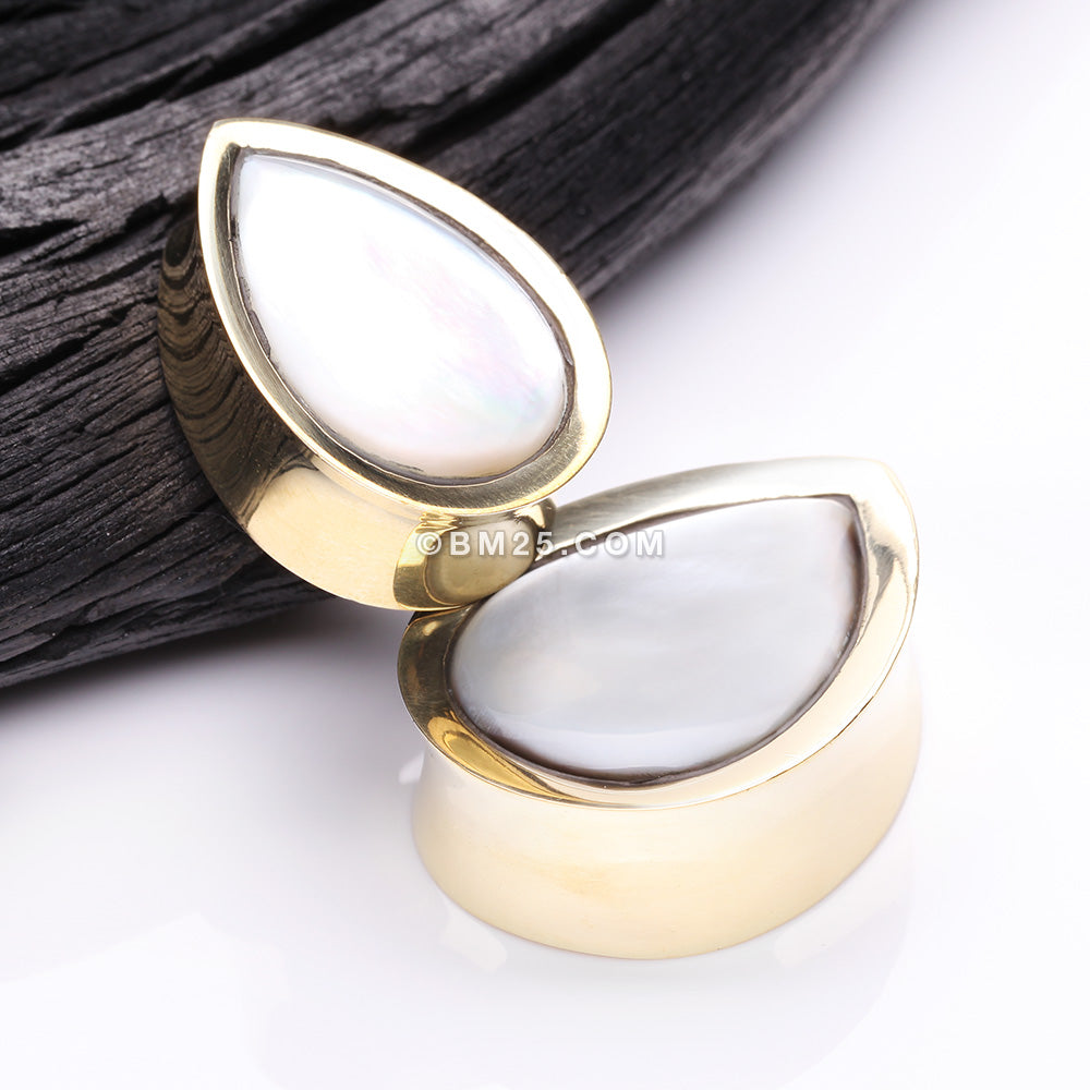 Detail View 3 of A Pair of Golden Brass Bali Mother of Pearl Inlay Teardrop Double Flared Plug