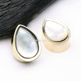 Detail View 1 of A Pair of Golden Brass Bali Mother of Pearl Inlay Teardrop Double Flared Plug