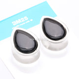 Detail View 4 of A Pair of White Brass Bali Black Onyx Stone Inlay Teardrop Double Flared Plug