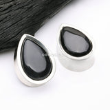 Detail View 1 of A Pair of White Brass Bali Black Onyx Stone Inlay Teardrop Double Flared Plug