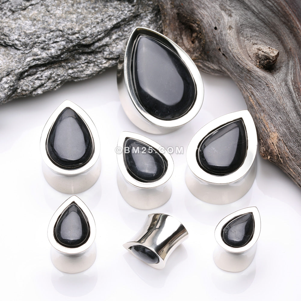 Detail View 2 of A Pair of White Brass Bali Black Onyx Stone Inlay Teardrop Double Flared Plug