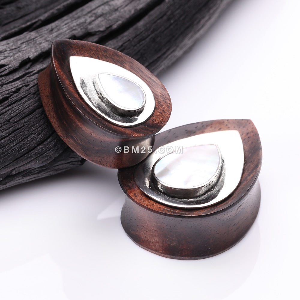Detail View 3 of A Pair of White Brass Moonstone Arang Wood Teardrop Double Flared Plug