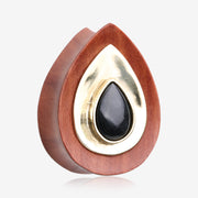 A Pair of Golden Brass Onyx Sabo Wood Teardrop Double Flared Plug