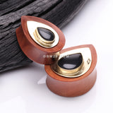 Detail View 3 of A Pair of Golden Brass Onyx Sabo Wood Teardrop Double Flared Plug