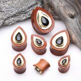 Detail View 2 of A Pair of Golden Brass Onyx Sabo Wood Teardrop Double Flared Plug