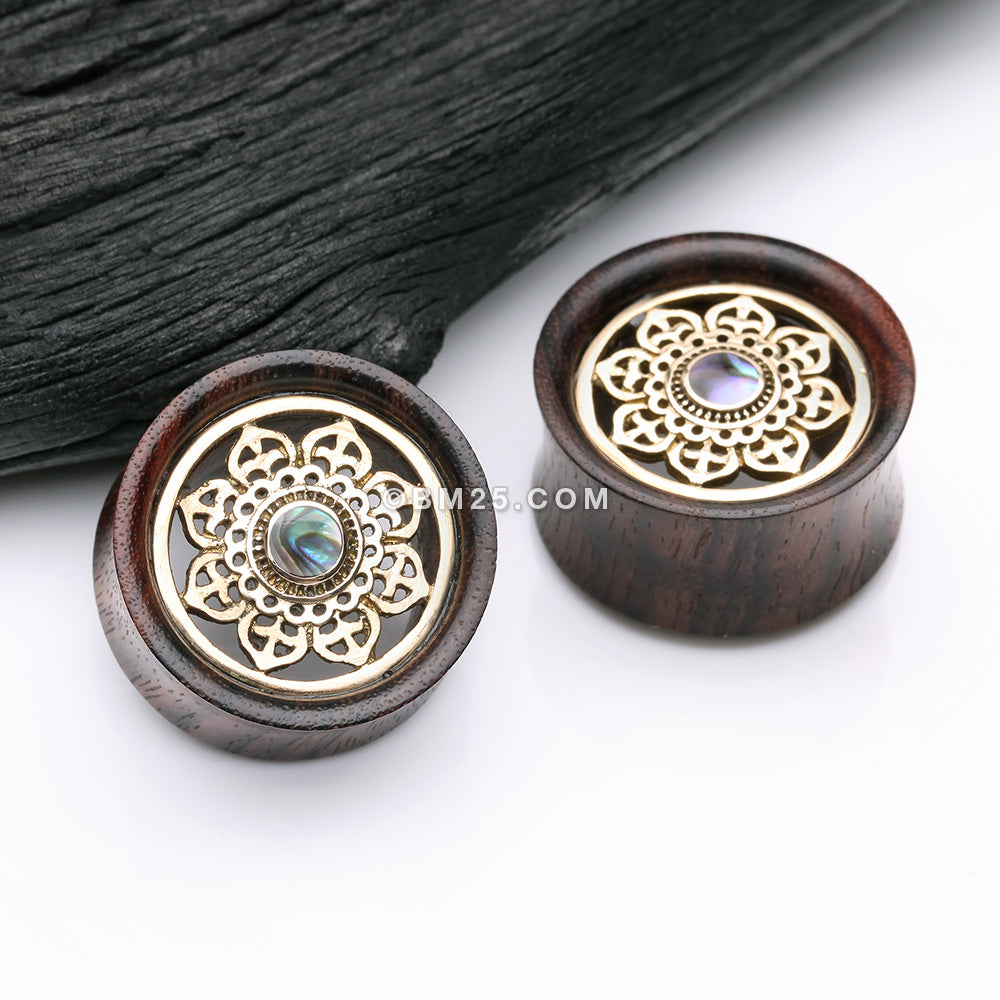 Detail View 1 of A Pair of Royal Bali Abalone Floral Brass Rosewood Double Flared Tunnel Plug