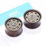 Detail View 4 of A Pair of Royal Bali Abalone Floral Brass Rosewood Double Flared Tunnel Plug