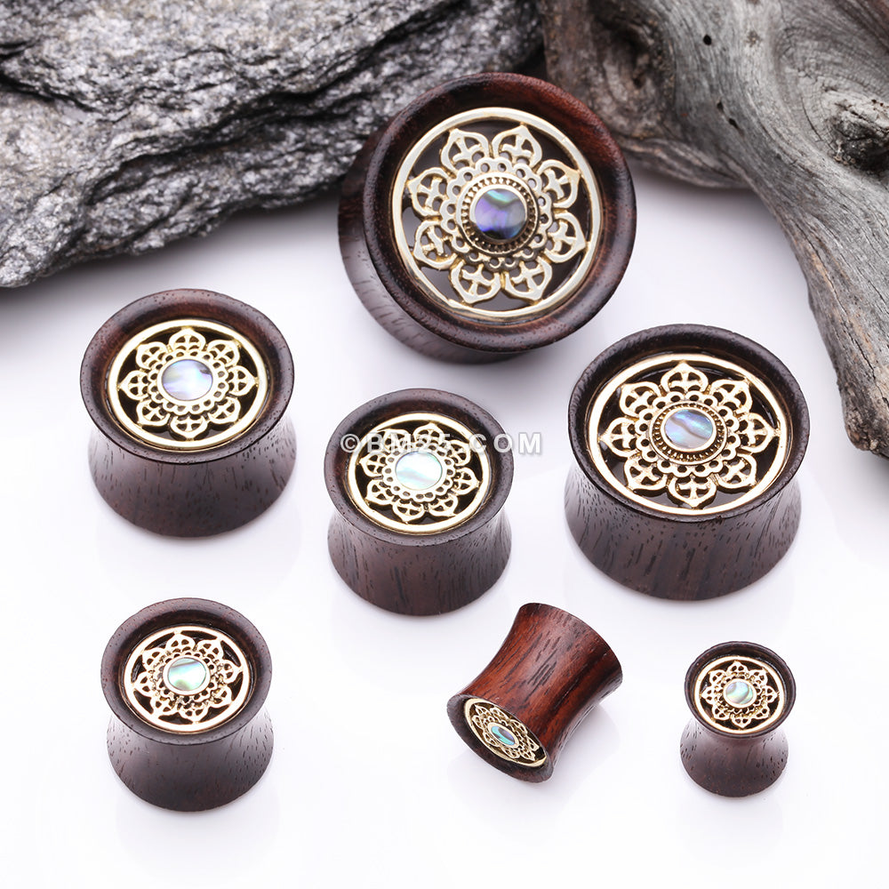 Detail View 2 of A Pair of Royal Bali Abalone Floral Brass Rosewood Double Flared Tunnel Plug
