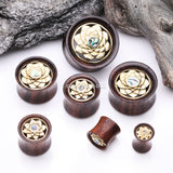 Detail View 2 of A Pair of Sacred Bali Abalone Lotus Brass Rosewood Double Flared Tunnel Plug