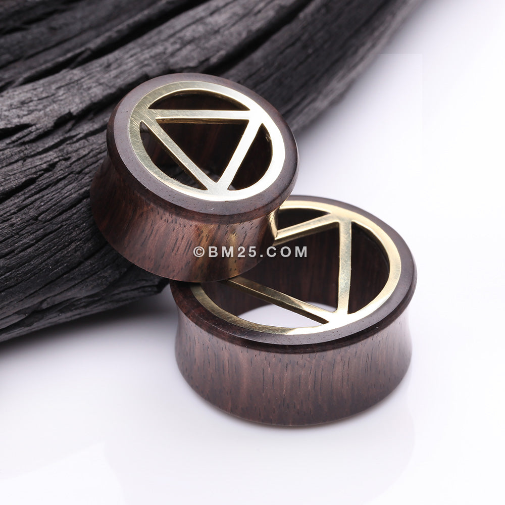 Detail View 3 of A Pair of Karma Triangle Geometric Brass Rosewood Double Flared Tunnel Plug