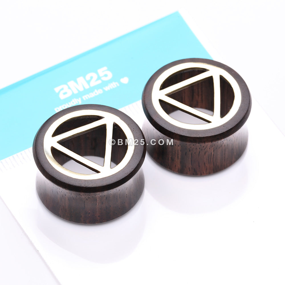 Detail View 4 of A Pair of Karma Triangle Geometric Brass Rosewood Double Flared Tunnel Plug