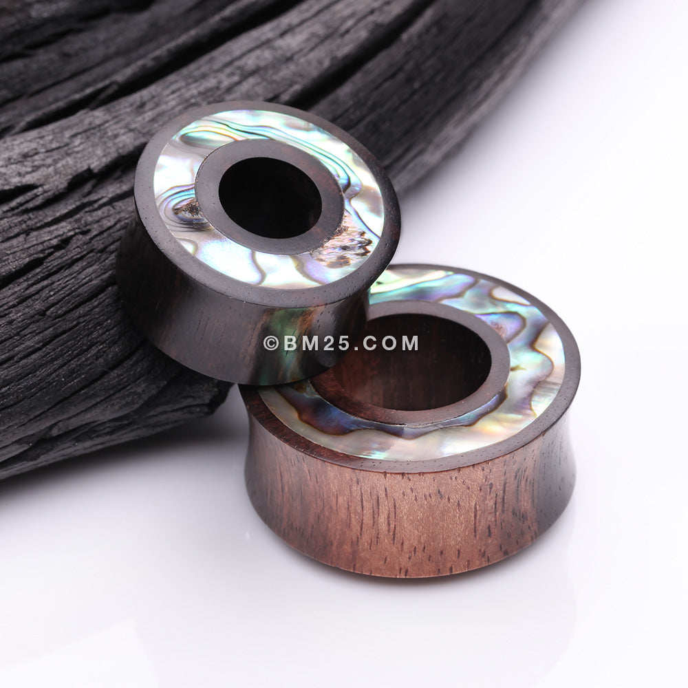 Detail View 3 of A Pair of Tiger Ebony Wood Abalone Inlay Double Flared Tunnel Plug