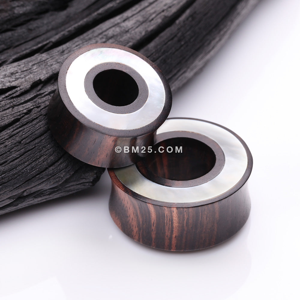 Detail View 3 of A Pair of Tiger Ebony Wood Mother of Pearl Inlay Double Flared Tunnel Plug