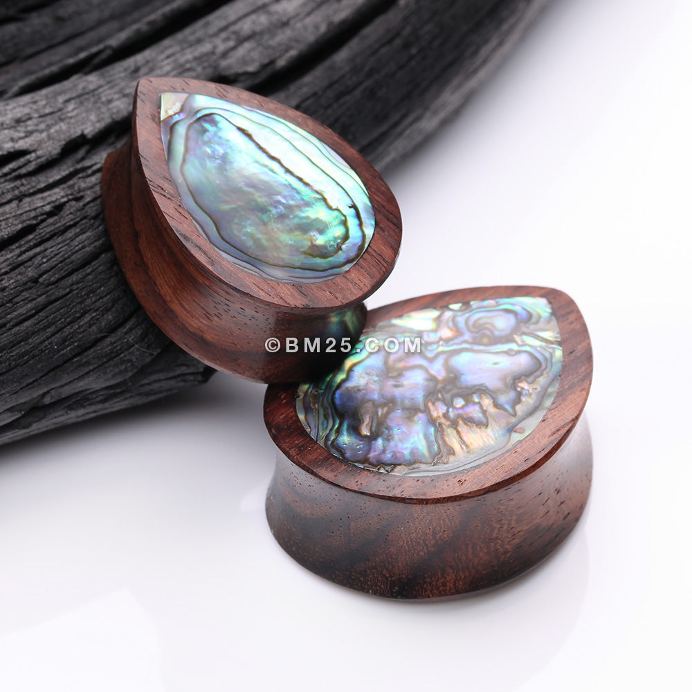 Detail View 3 of A Pair of Rosewood Bali Abalone Inlay Teardrop Double Flared Plug