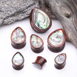 Detail View 2 of A Pair of Rosewood Bali Abalone Inlay Teardrop Double Flared Plug