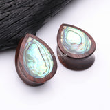 Detail View 1 of A Pair of Rosewood Bali Abalone Inlay Teardrop Double Flared Plug