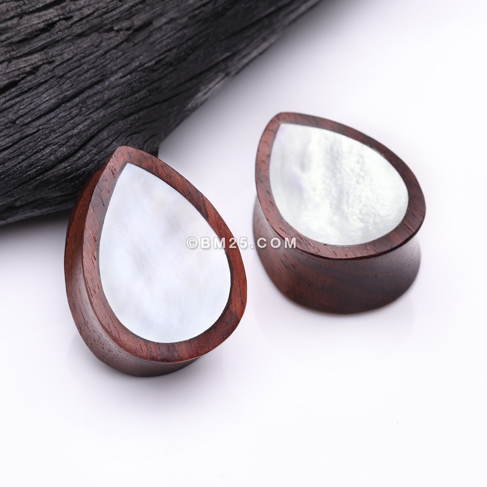 Detail View 1 of A Pair of Rosewood Bali Mother of Pearl Inlay Teardrop Double Flared Plug