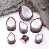 Detail View 2 of A Pair of Rosewood Bali Mother of Pearl Inlay Teardrop Double Flared Plug