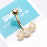 Detail View 4 of Golden Adorable Sparkle Triple Flower Arc Belly Button Ring-Clear Gem