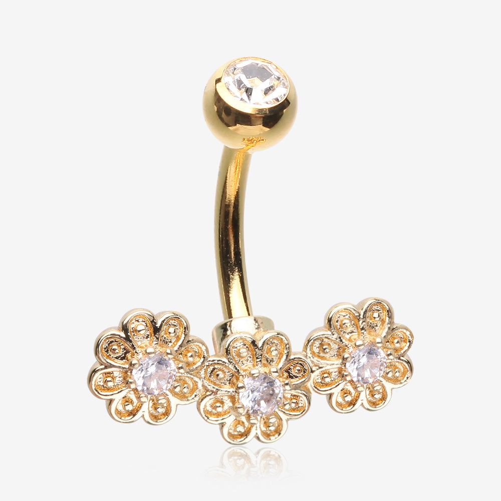 Golden Adorable Sparkle Triple Flower Arc Belly Button Ring-Clear Gem