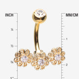Detail View 1 of Golden Adorable Sparkle Triple Flower Arc Belly Button Ring-Clear Gem