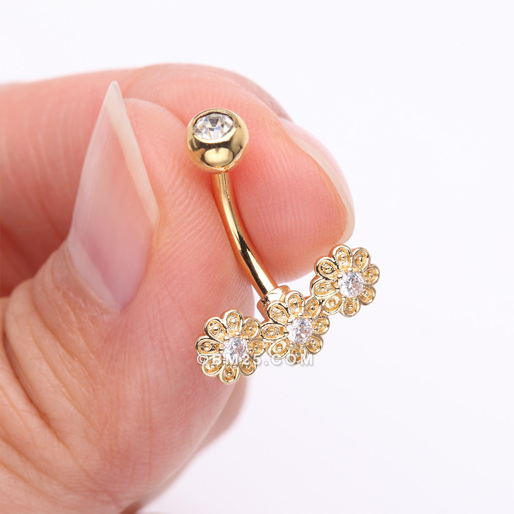 Detail View 3 of Golden Adorable Sparkle Triple Flower Arc Belly Button Ring-Clear Gem