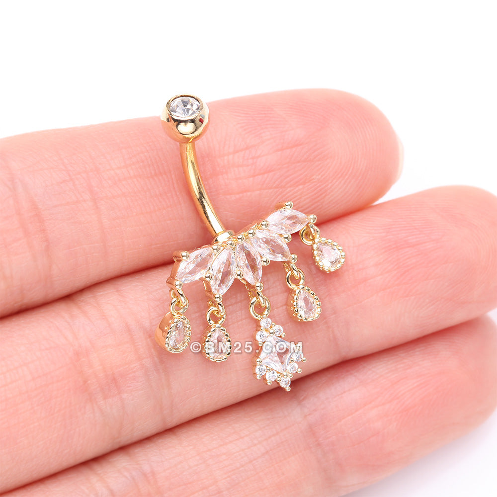 Detail View 3 of Golden Brilliant Marquise Tiara Dangle Sparkle Tiered Belly Button Ring-Clear Gem