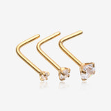 3 Pcs of Assorted Golden Prong Set Sparkle Gem L-Shaped Nose Ring Package