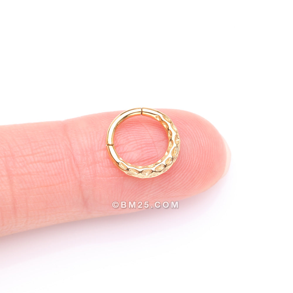 Detail View 2 of Golden Classic Hammered Texture Steel Clicker Hoop Ring