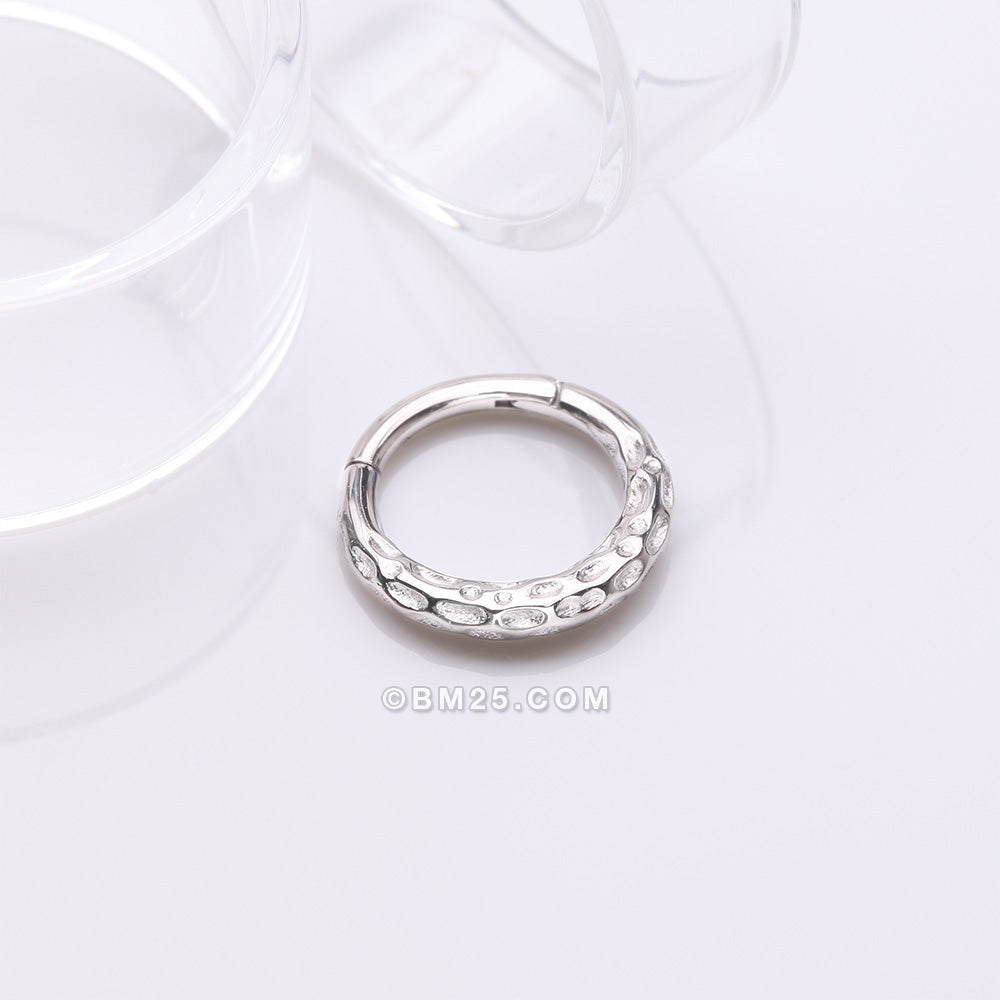 Detail View 1 of Classic Hammered Texture Steel Clicker Hoop Ring